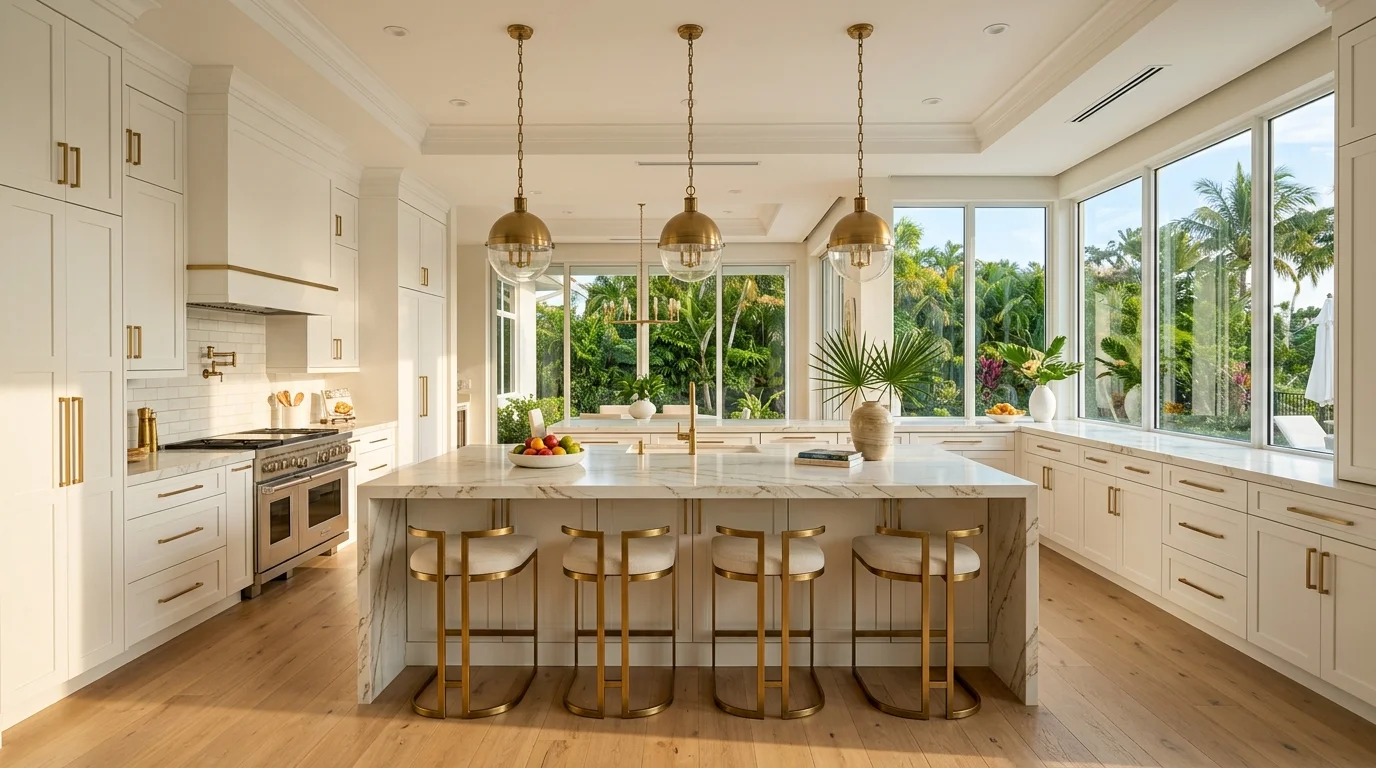 Completed luxury kitchen renovation in Palm Beach County by South Florida Kitchen and Bath Design featuring white shaker cabinets, quartzite island, and gold pendant lighting