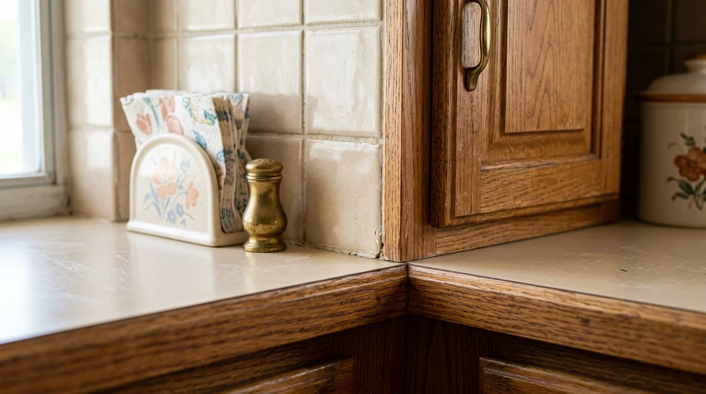 Close-up of new quartz countertop and shaker cabinet installation replacing 1980s builder-grade oak cabinets in Palm Beach County kitchen