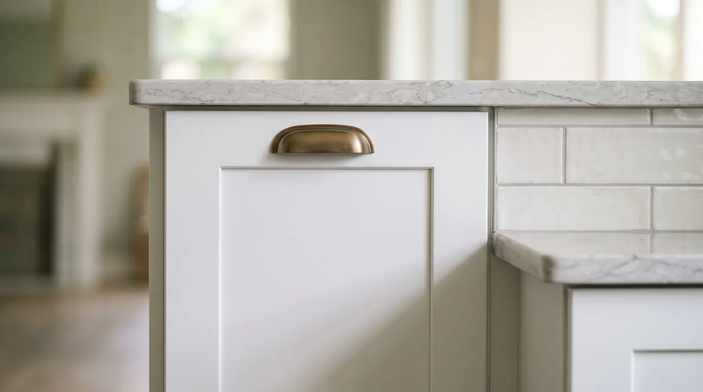 Close-up of mid-tier kitchen finishes representing a renovation budget that follows the 30 percent rule — semi-custom white shaker cabinet door, brushed brass cup pull, level-two quartz countertop edge, and white subway tile backsplash