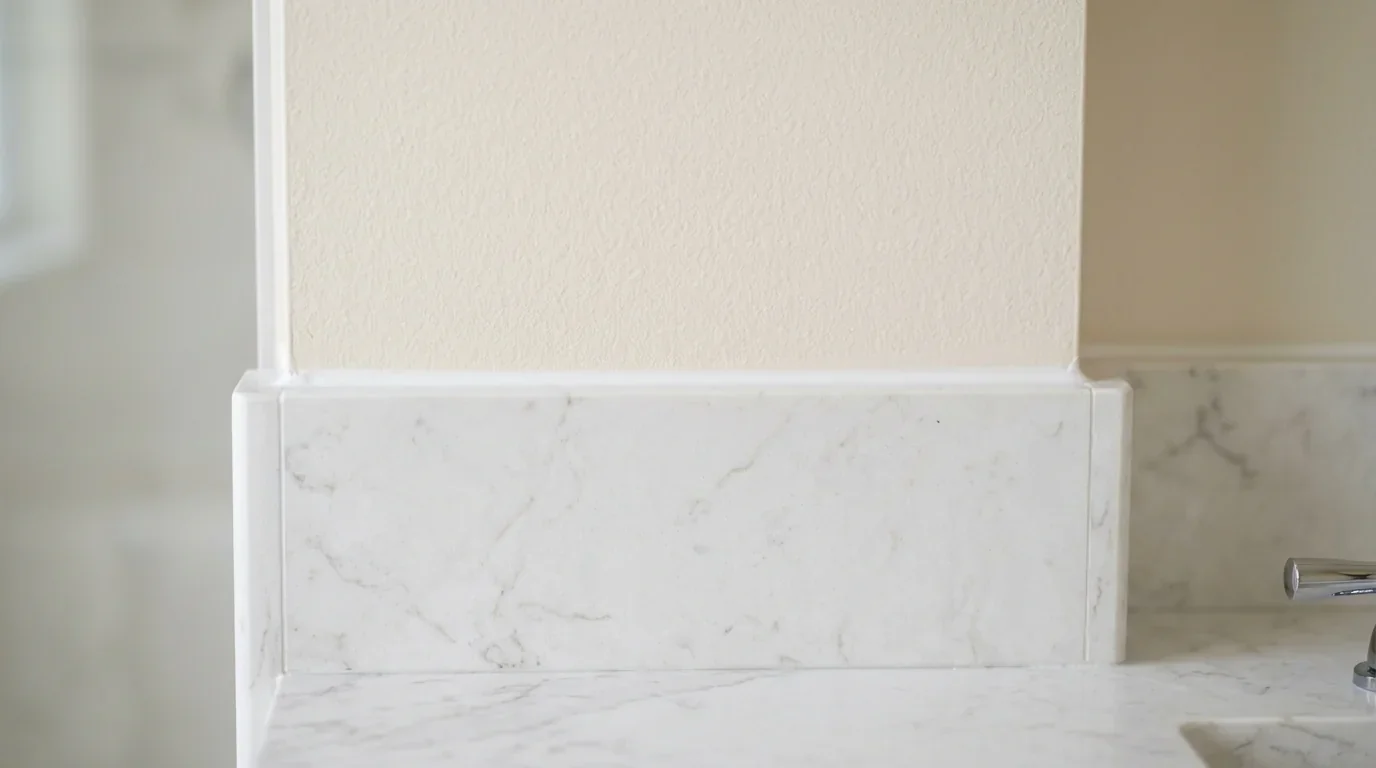 Close-up of a 4-inch standard backsplash in matching quartz stone, installed between countertop and upper cabinet