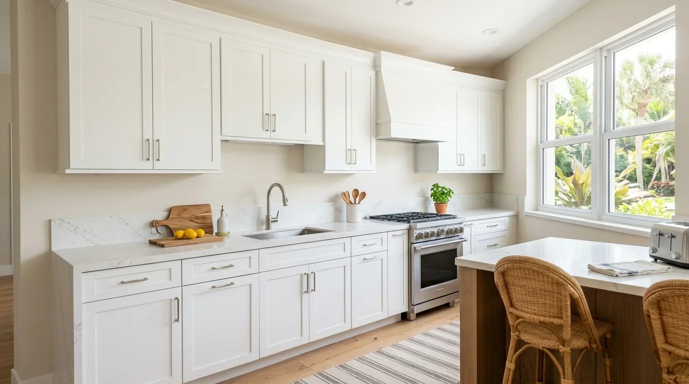 Palm Beach County kitchen with a 4-inch standard stone backsplash, showing the short strip of quartz behind the counter with painted drywall continuing up to the upper cabinets