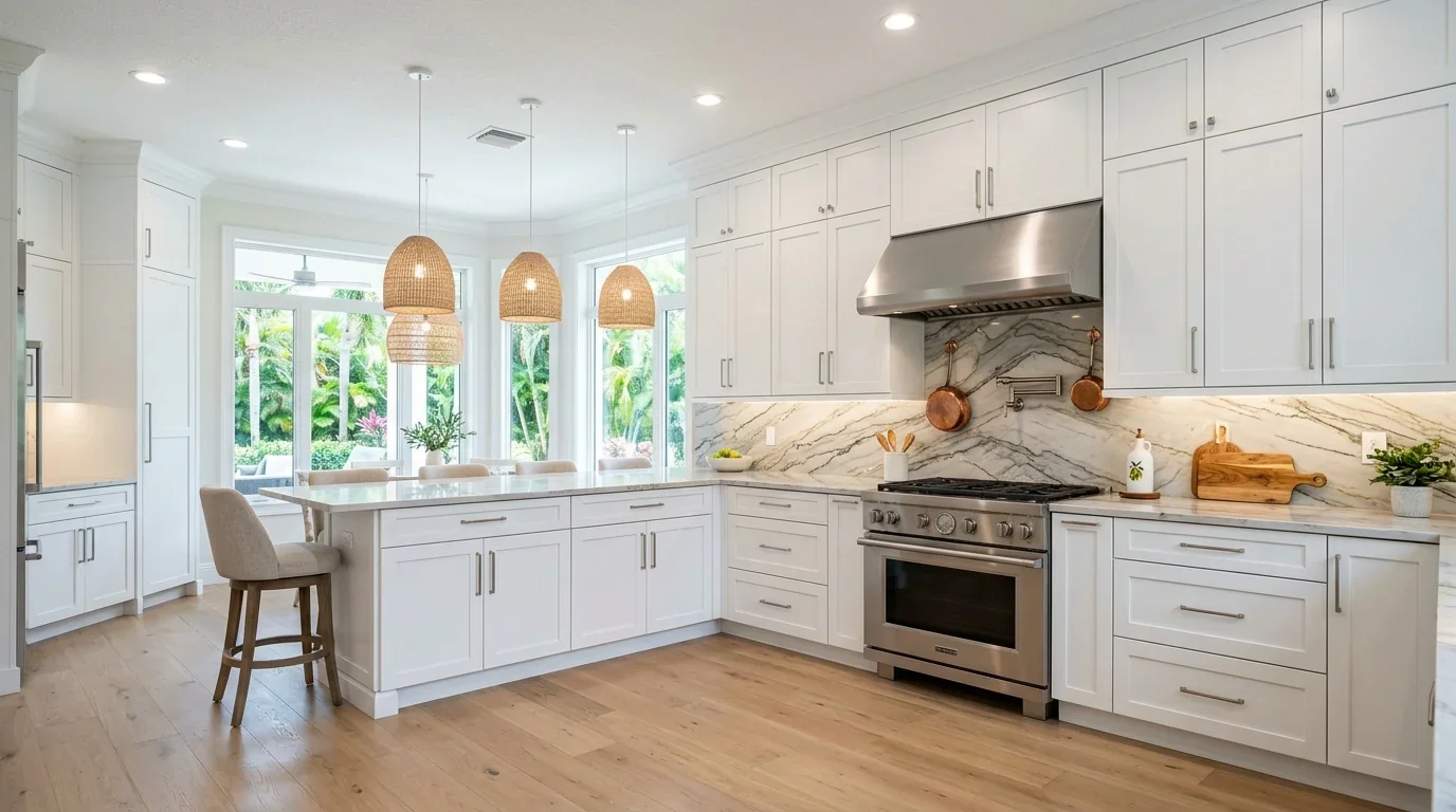 Palm Beach County kitchen with a full-height stone slab backsplash running from the counter all the way up to the upper cabinets, dramatic veining visible across the whole wall