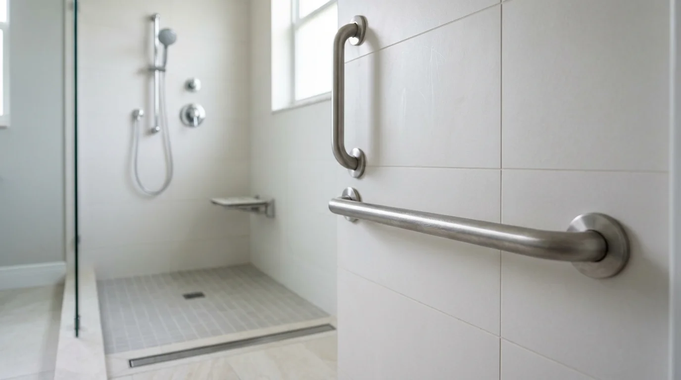 Close-up of brushed nickel grab bar installed next to comfort height toilet in a Palm Beach County accessible bathroom