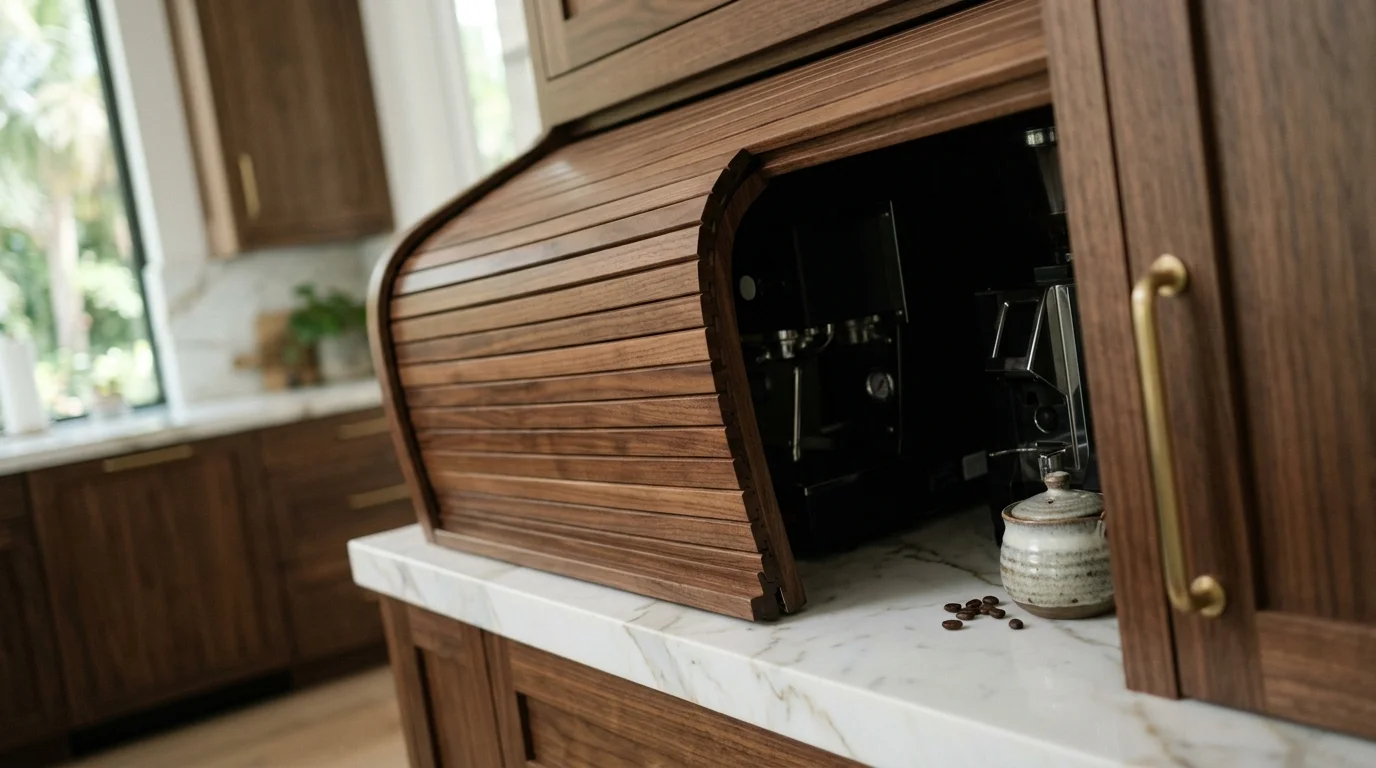 Close-up of a wood-tone appliance garage with soft-close lift door and integrated outlet strip inside a South Florida kitchen remodel