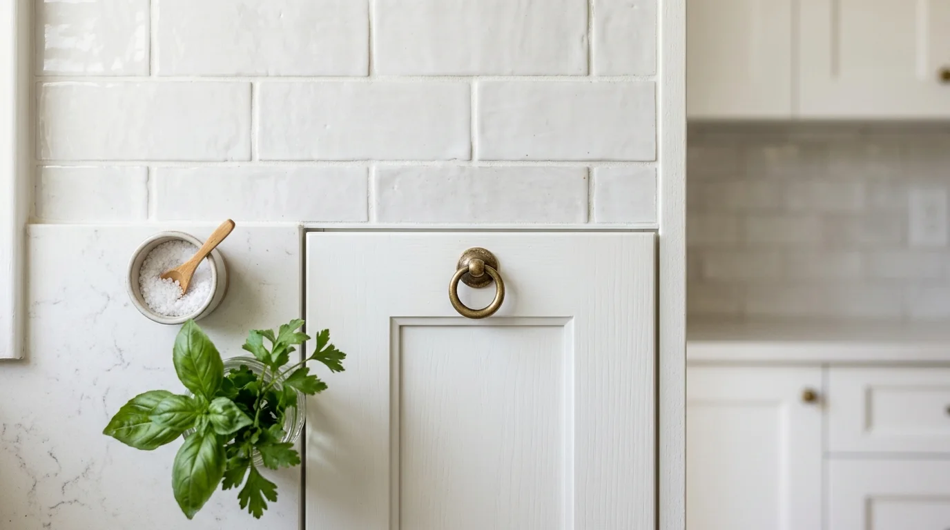 Close-up detail of white cabinets with geometric patterned backsplash tile and brass cabinet hardware