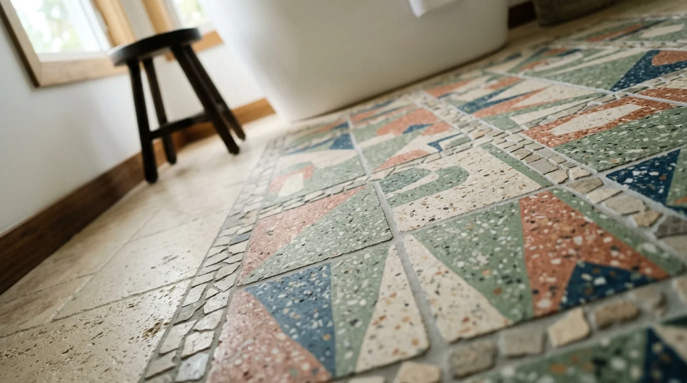 Close-up detail of slip-resistant bathroom floor tile showing textured surface pattern and grout lines in modern South Florida bathroom