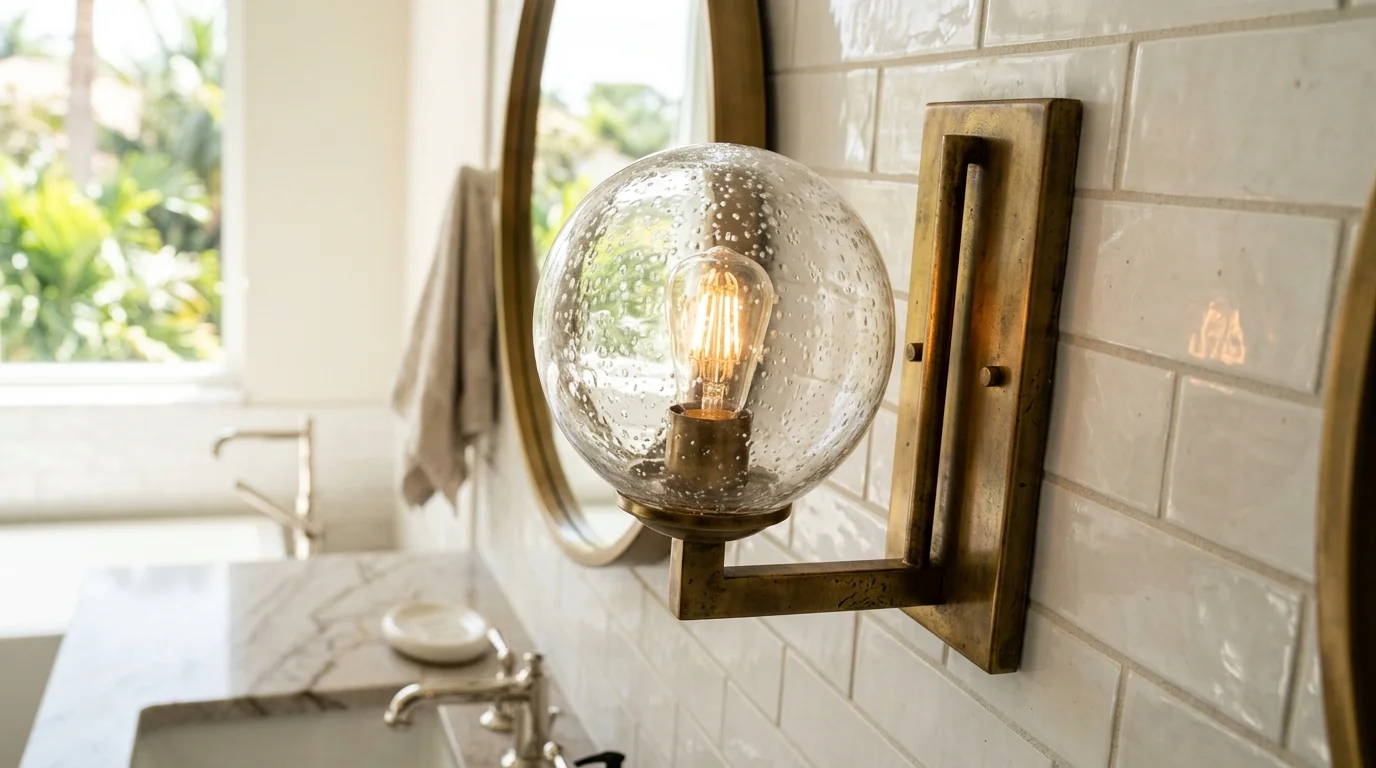 Close-up of humidity-rated wall sconces flanking a vanity mirror in a South Florida bathroom remodel