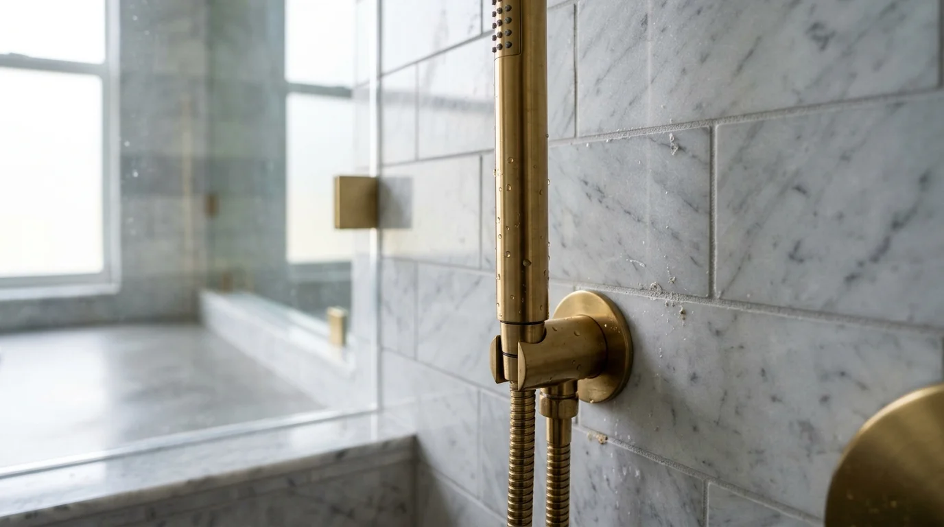 Close-up of custom tile shower and double vanity in a Boynton Beach bathroom remodel