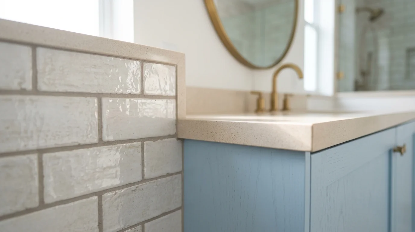 Close-up of porcelain tile shower wall and matte black fixtures in a Juno Beach bathroom remodel by South Florida Kitchen and Bath Design