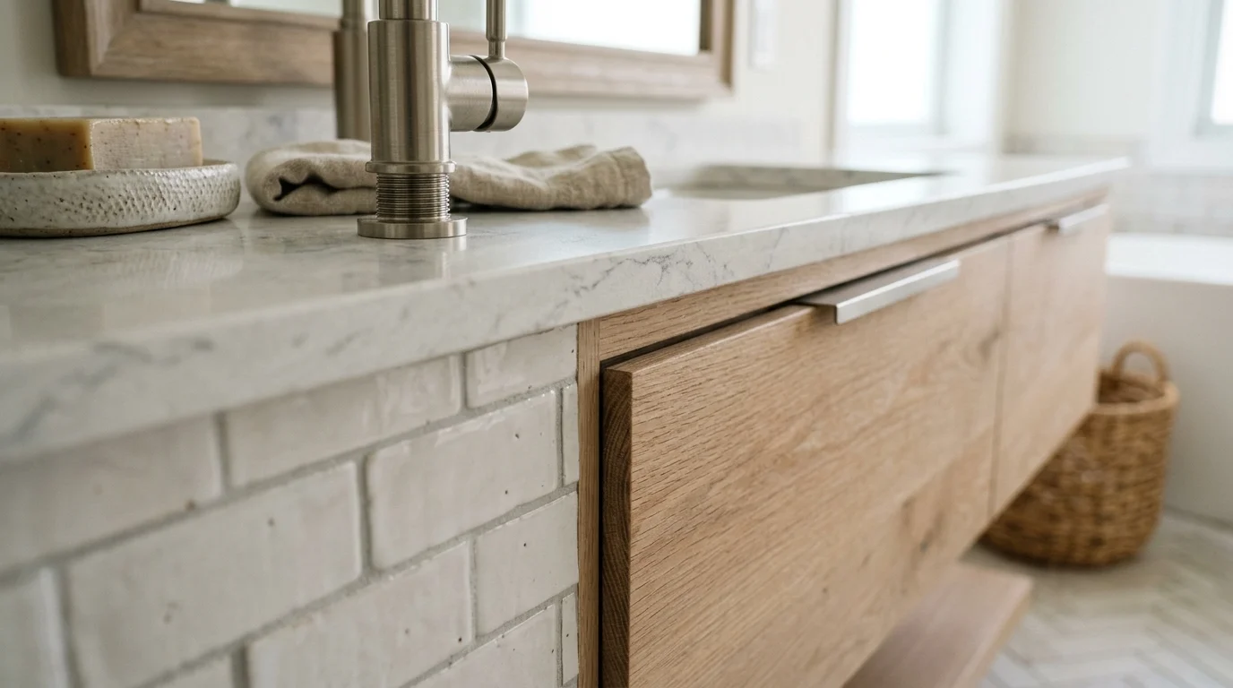 Close-up of a Jupiter bathroom shower with porcelain tile walls and frameless glass enclosure
