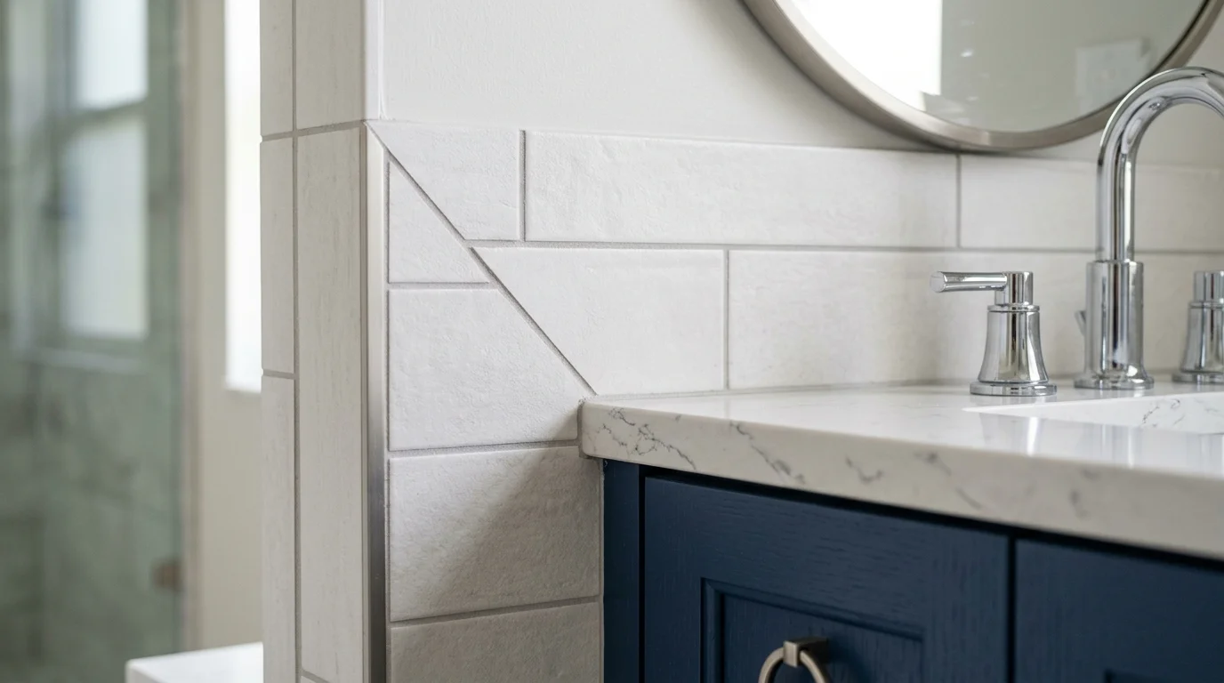 Close-up of porcelain tile shower walls and brushed nickel fixtures in a Lake Park bathroom remodel