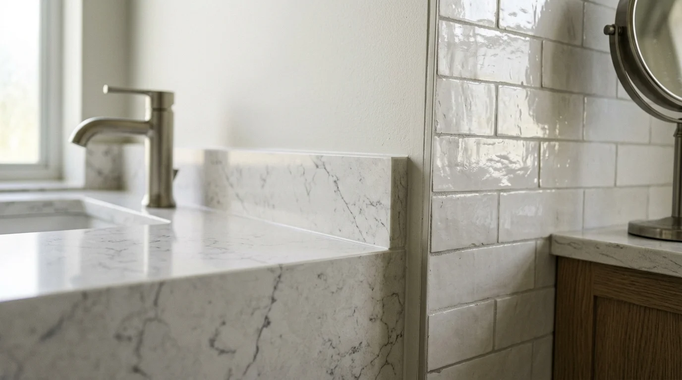 Close-up of walk-in shower tile and frameless glass door in a Lantana bathroom remodel