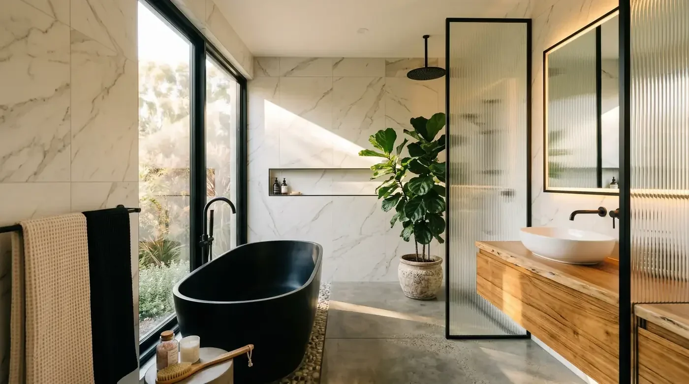 Marble bathroom with a black freestanding tub, walk-in glass shower and floating wood vanity