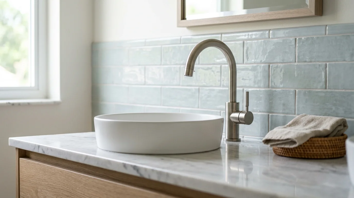 Close-up of porcelain tile and brushed nickel fixtures in a Tequesta bathroom remodel