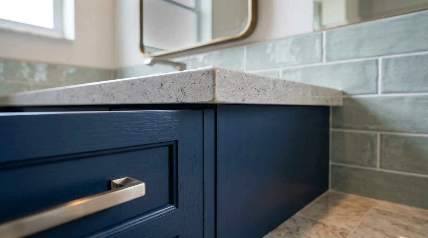 Close-up of quartz vanity top and matte black fixtures in a Westlake bathroom remodel