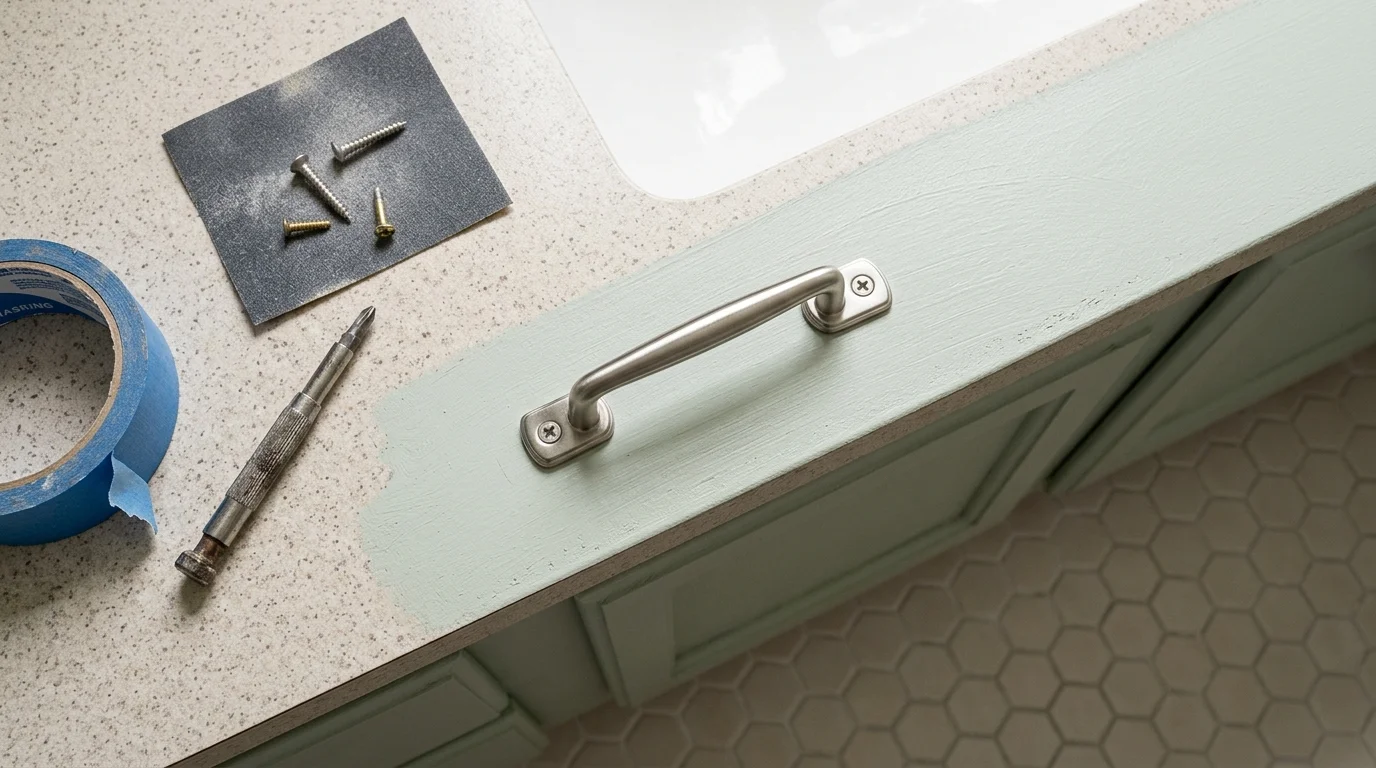 Close-up of affordable porcelain tile and brushed nickel hardware in a budget South Florida bathroom remodel