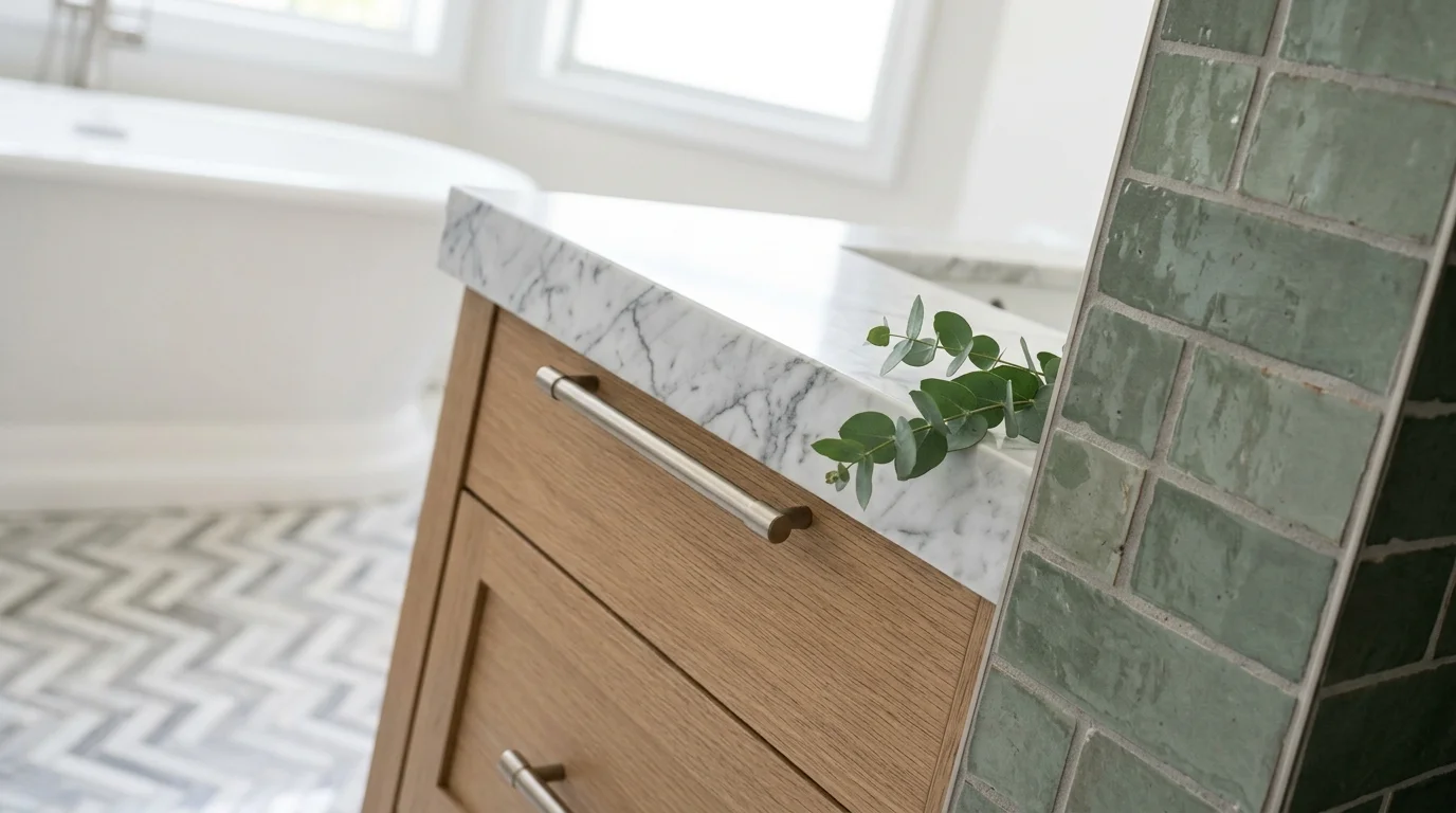 Close-up of bathroom vanity with quartz countertop and coastal blue tile backsplash in West Palm Beach home renovation