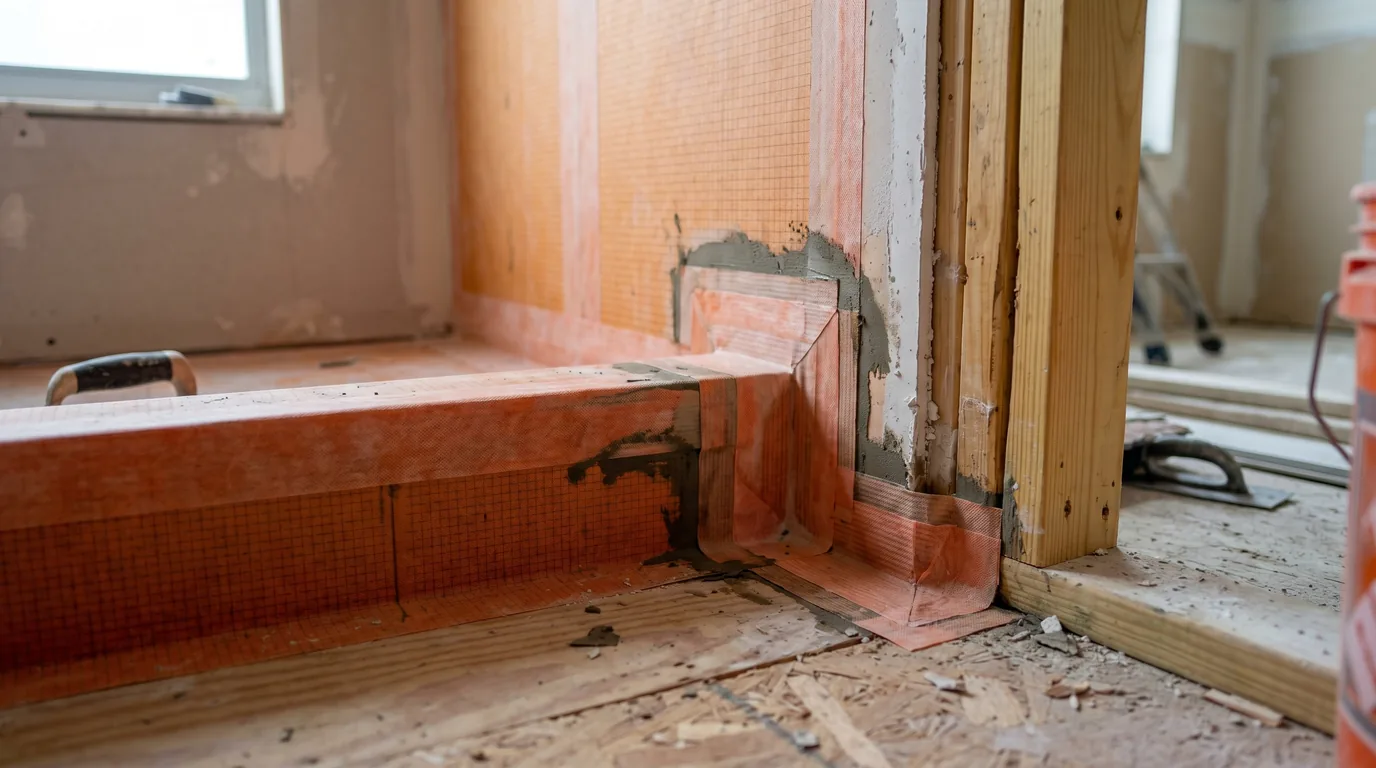 Close-up of a properly waterproofed shower curb with red Schluter Kerdi membrane sealed at the inside and outside corners — demonstrating the construction technique that avoids waterproofing shortcuts