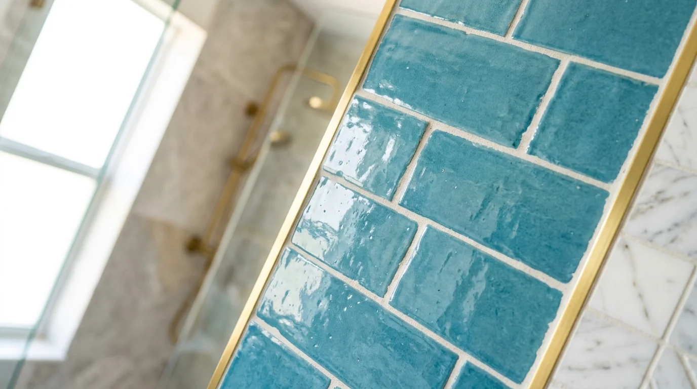 Close-up of shower niche with decorative mosaic accent tiles and floating shelves in a Palm Beach County bathroom