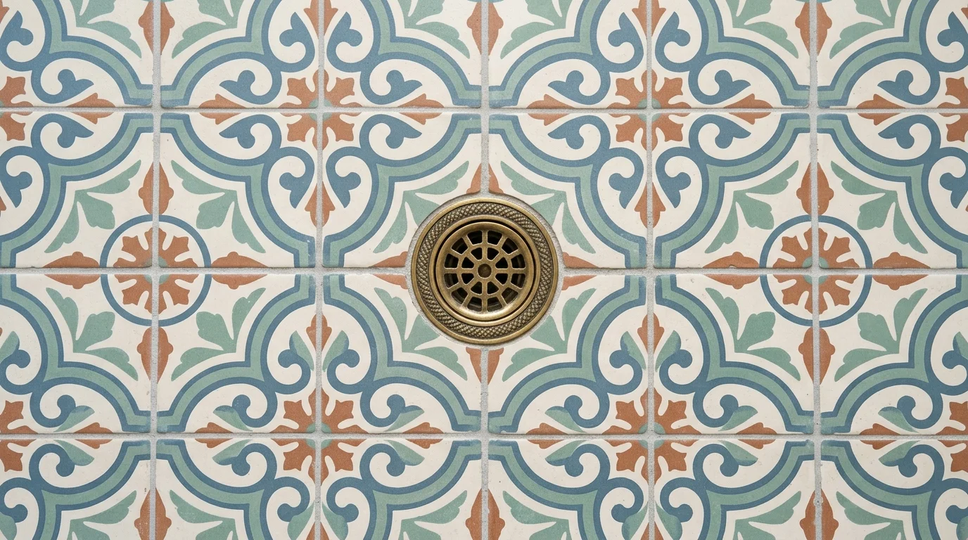 Close-up detail of hexagon bathroom floor tile pattern in white and gray with contrasting grout lines in modern Palm Beach County home