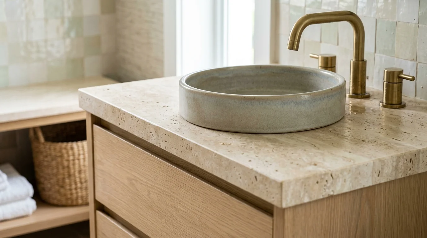 Close-up of floating bathroom vanity with vessel sinks and natural wood finish in South Florida home