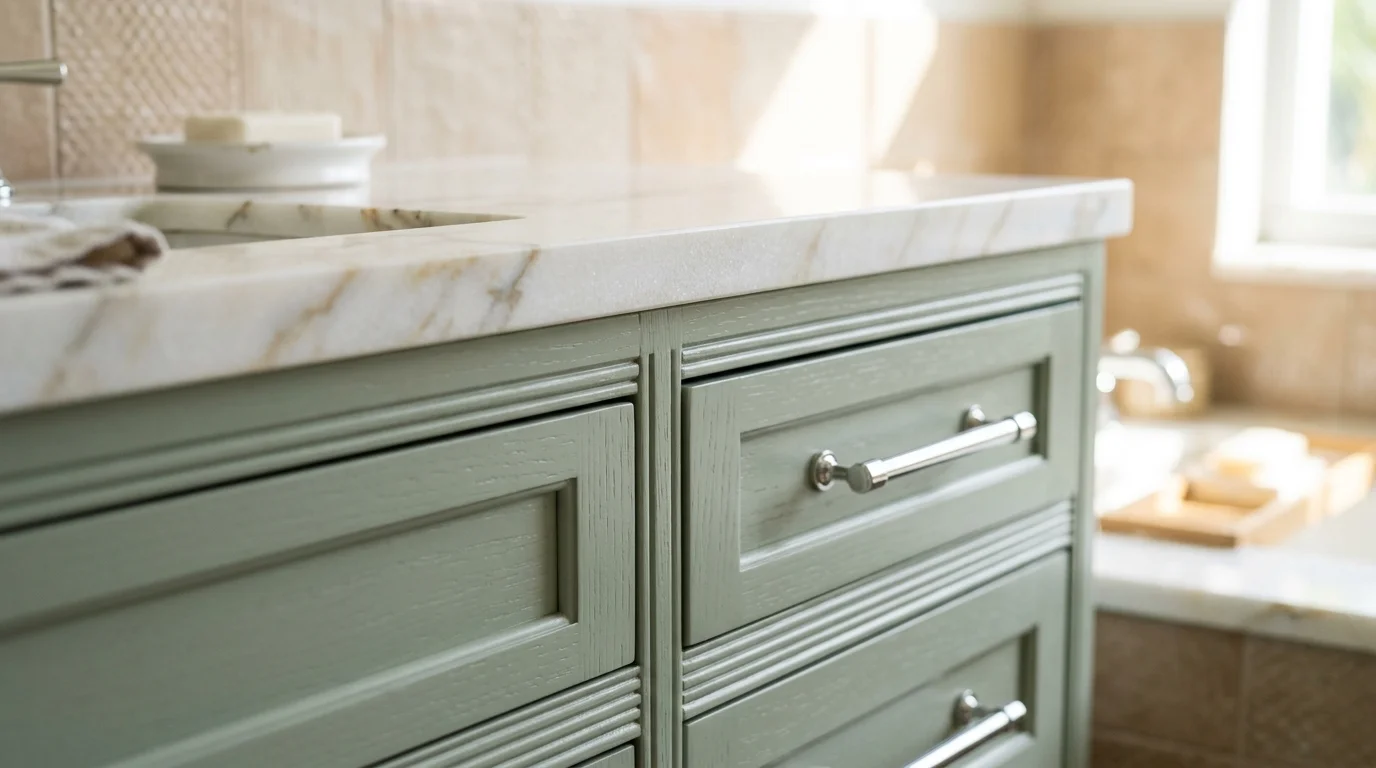 Close-up of bathroom vanity dimensions showing depth and height with floating cabinet in South Florida home
