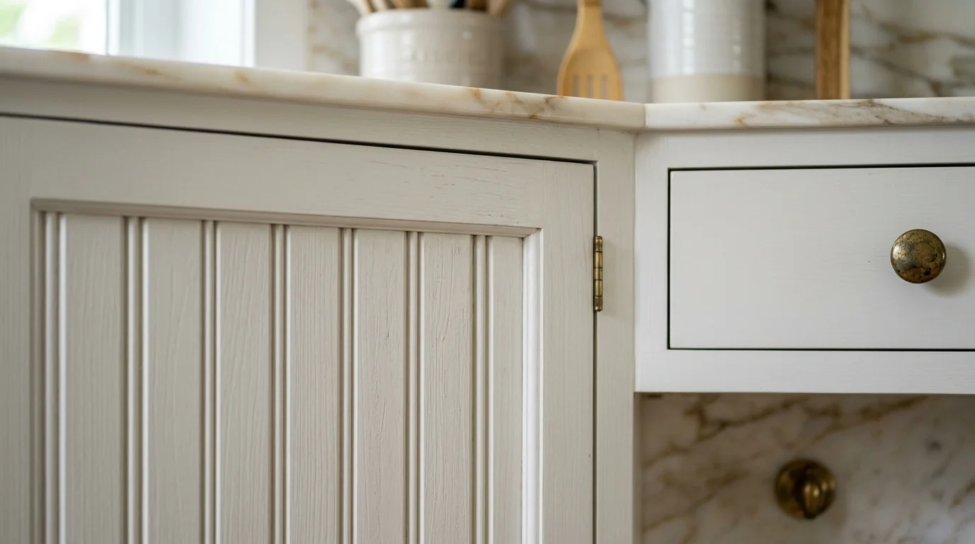 Close-up of louvered cabinet door detail in a Palm Beach County kitchen with brushed brass hardware