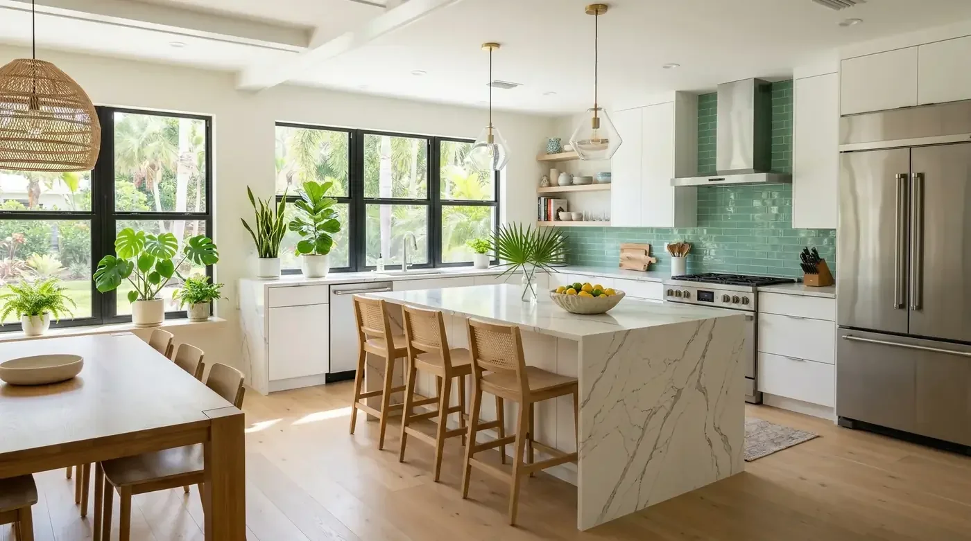 Bright Florida kitchen with a white quartz island, green tile backsplash and a dining table