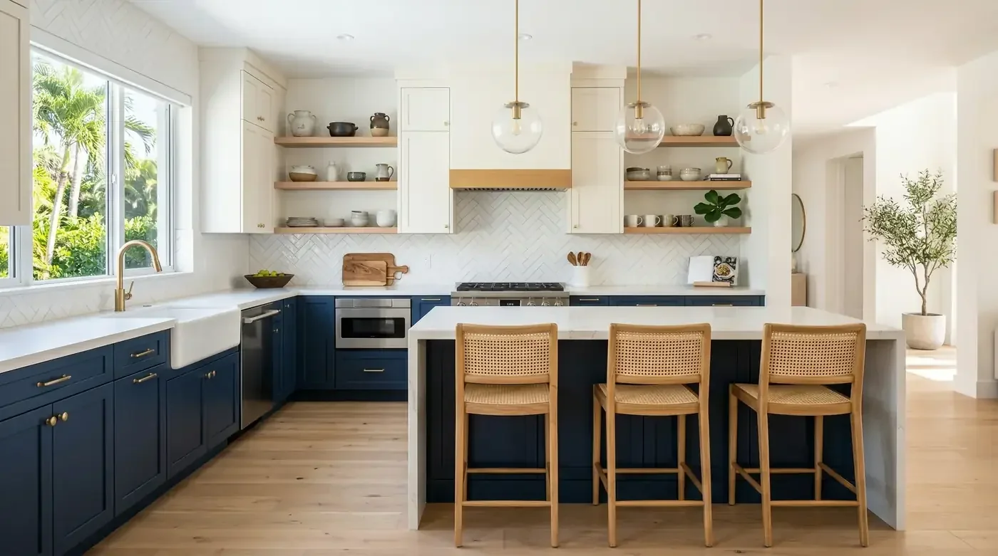 White and navy kitchen with open shelving and a large island with counter stools