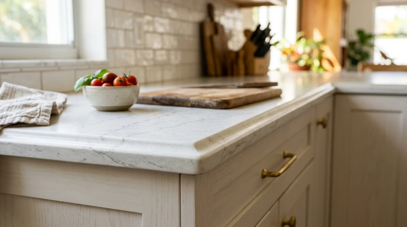 Close-up of porcelain slab countertop in a busy Palm Beach County family kitchen with matte finish and undermount sink