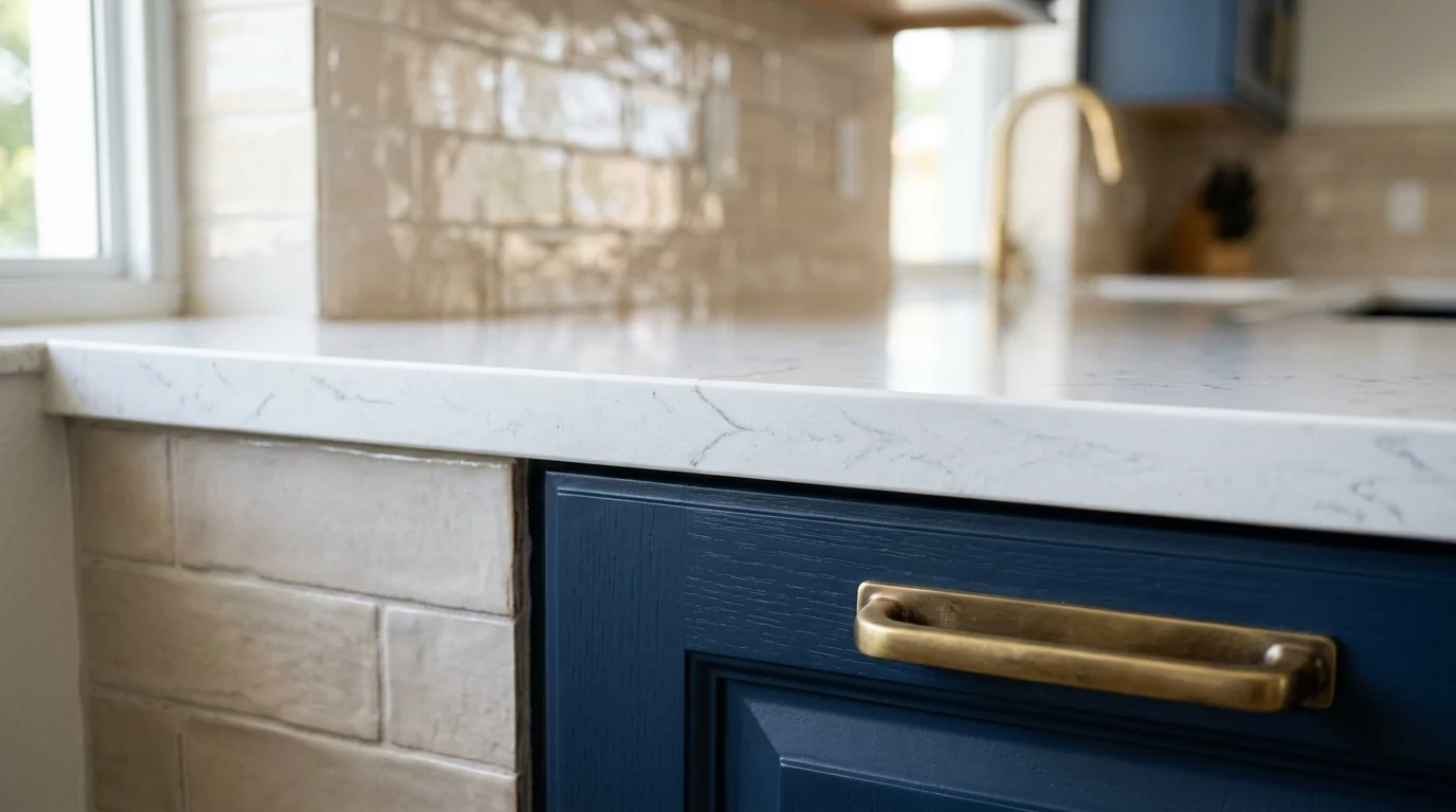 Close-up of custom cabinet joinery and quartz countertop edge detail in a Boca Raton kitchen remodel by South Florida Kitchen & Bath Design