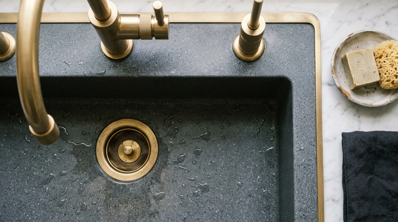 Close-up of composite granite undermount sink in a Palm Beach County kitchen remodel with brushed nickel faucet