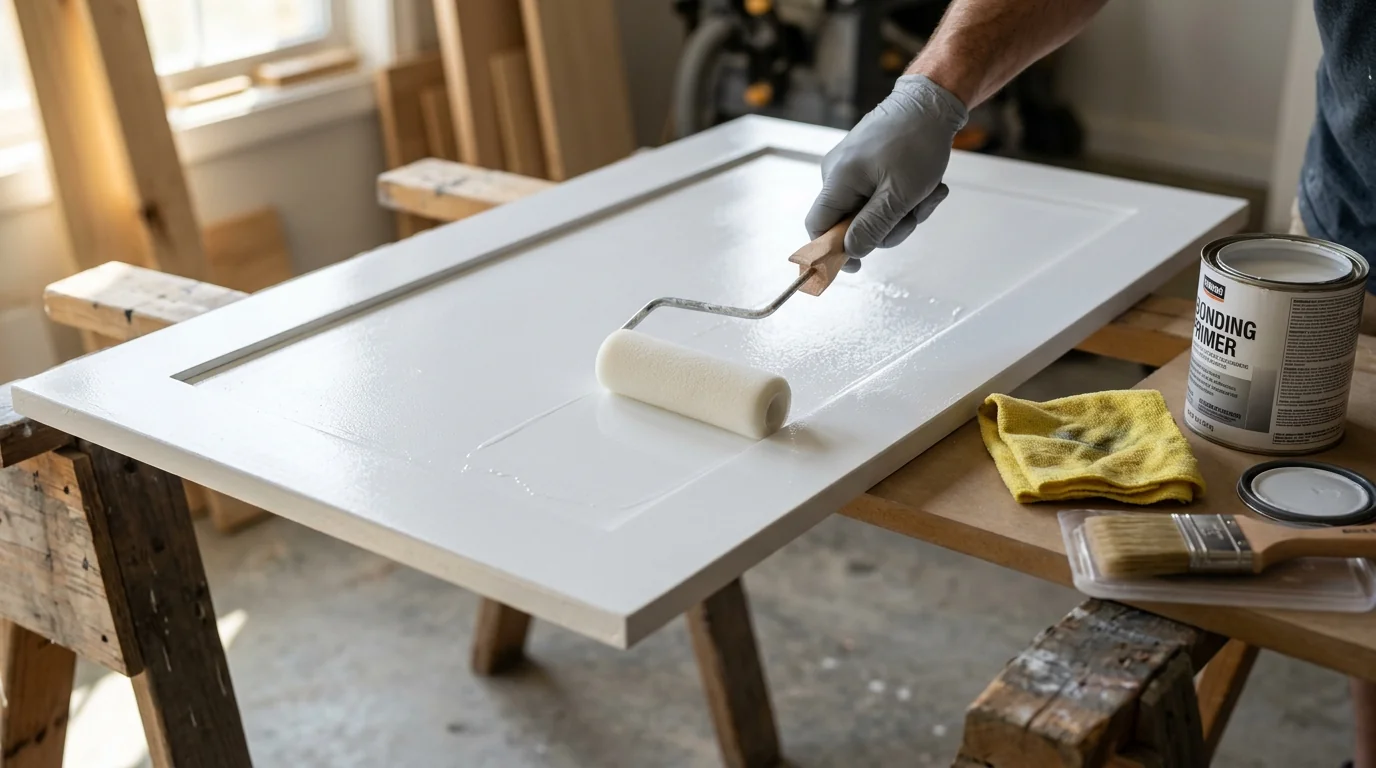 Close-up of a foam roller applying smooth white cabinet enamel to a shaker door with bonding primer and brush nearby