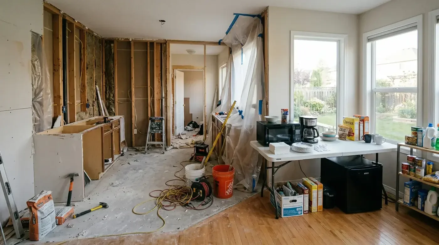 Kitchen mid-renovation with exposed wall studs, drop cloths and contractor tools