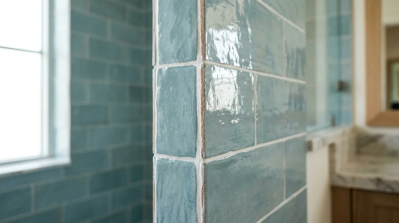 Close-up of rectified porcelain shower wall tile with tight grout lines in a Boca Raton bathroom remodel