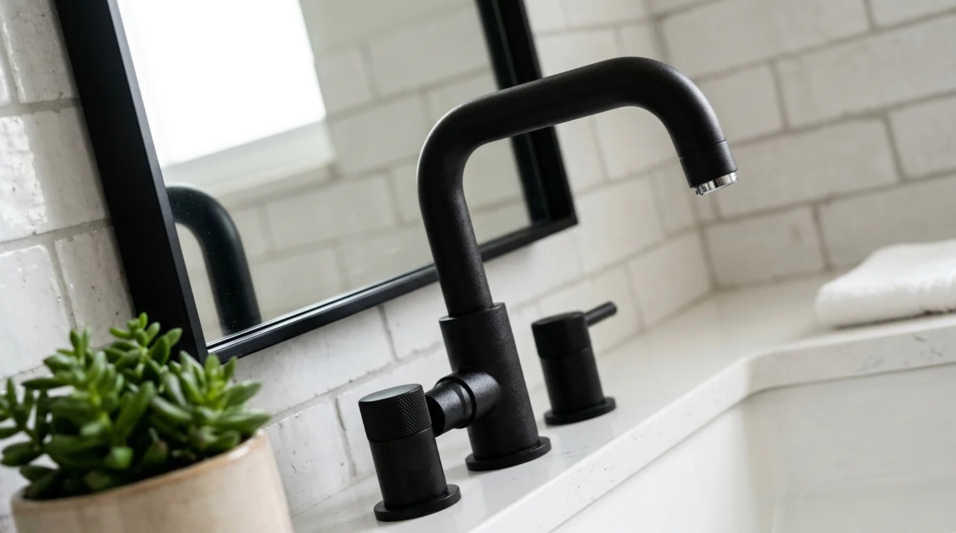 Close-up view of matte black bathroom faucet showing water spots and fingerprints on the finish