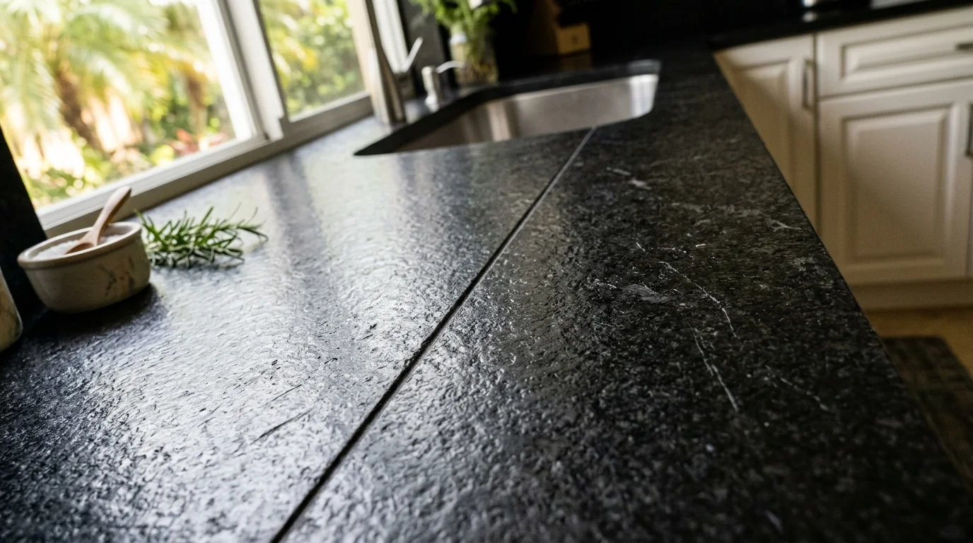 Close-up of black Dekton countertop surface showing matte finish and dramatic veining in a Boca Raton kitchen remodel