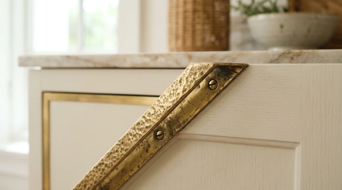 Close-up of unlacquered brass drawer pulls on white kitchen cabinets with quartz countertops in Boca Raton home