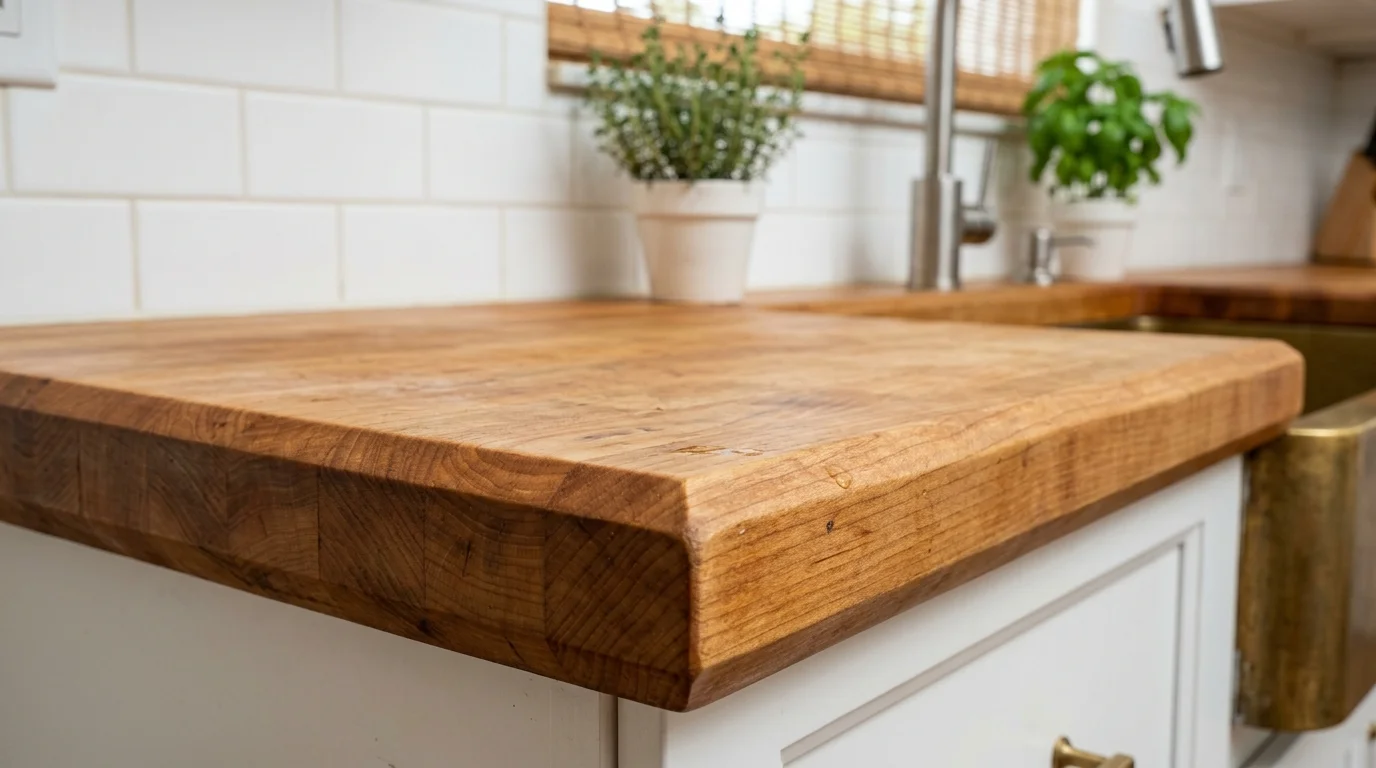 Close-up detail of butcher block countertop grain showing natural wood texture and oil finish