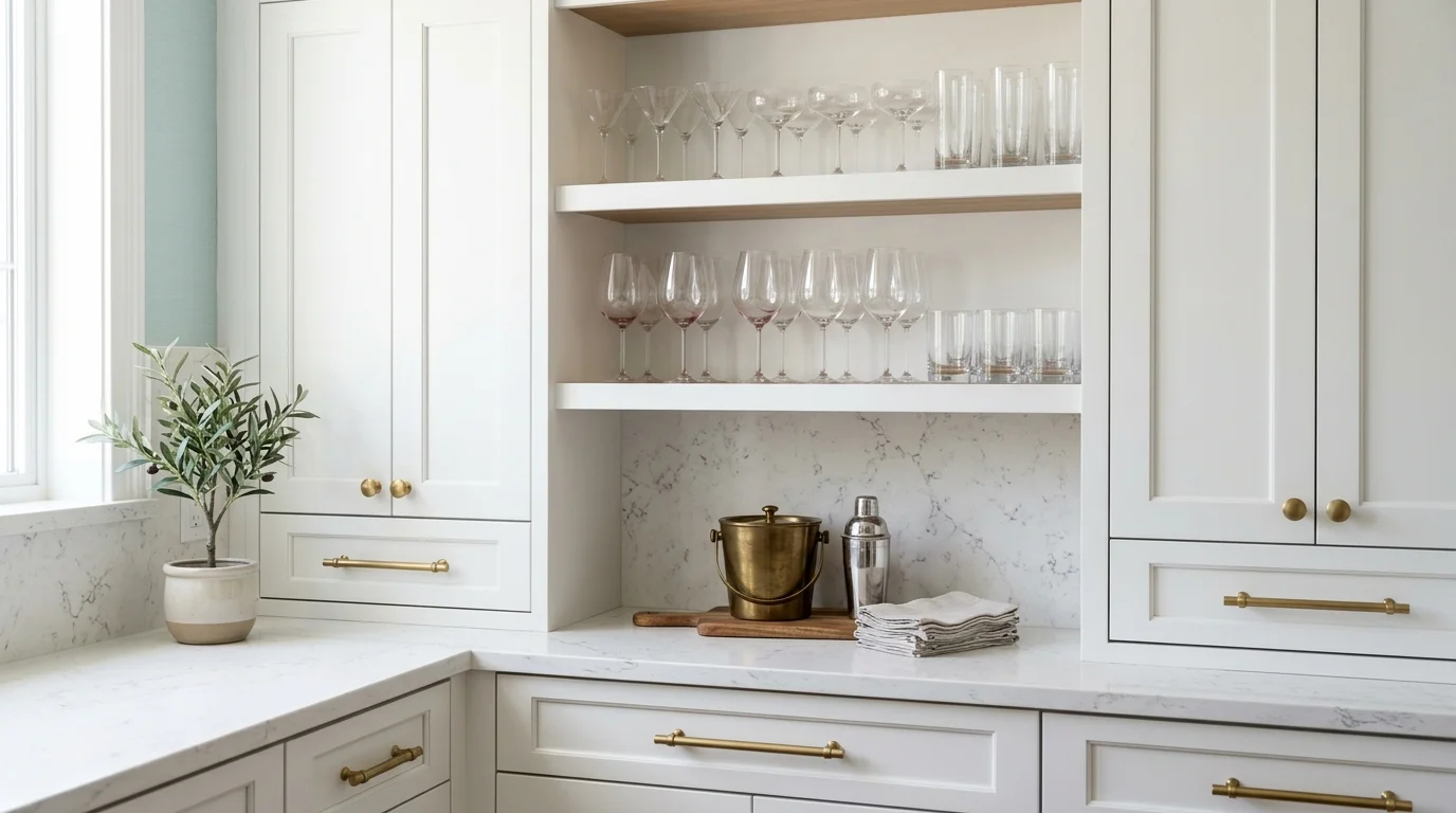 Close-up view of butler's pantry corner cabinet with pull-out shelving and under-cabinet lighting in contemporary South Florida kitchen