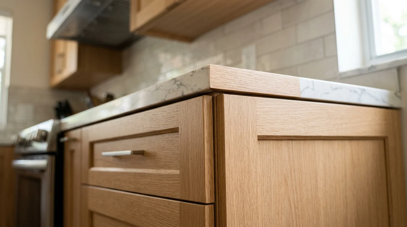 Close-up of thermofoil and wood veneer cabinet door samples used in South Florida cabinet refacing projects
