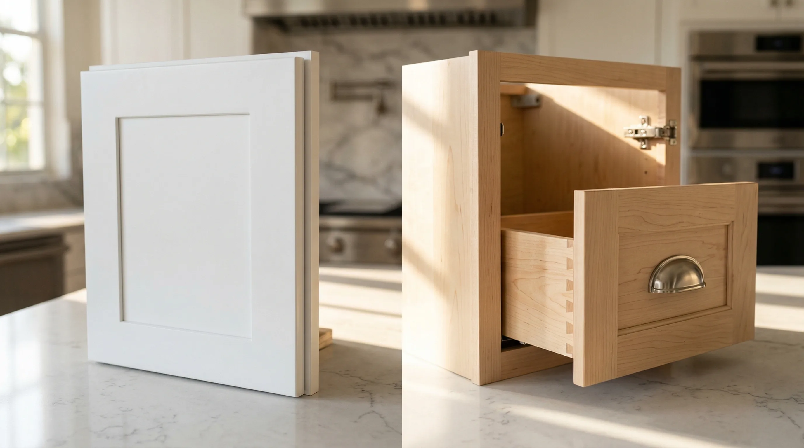 White shaker refacing door panel next to a full replacement maple drawer box with dovetail joints and soft-close hinges on a quartz countertop