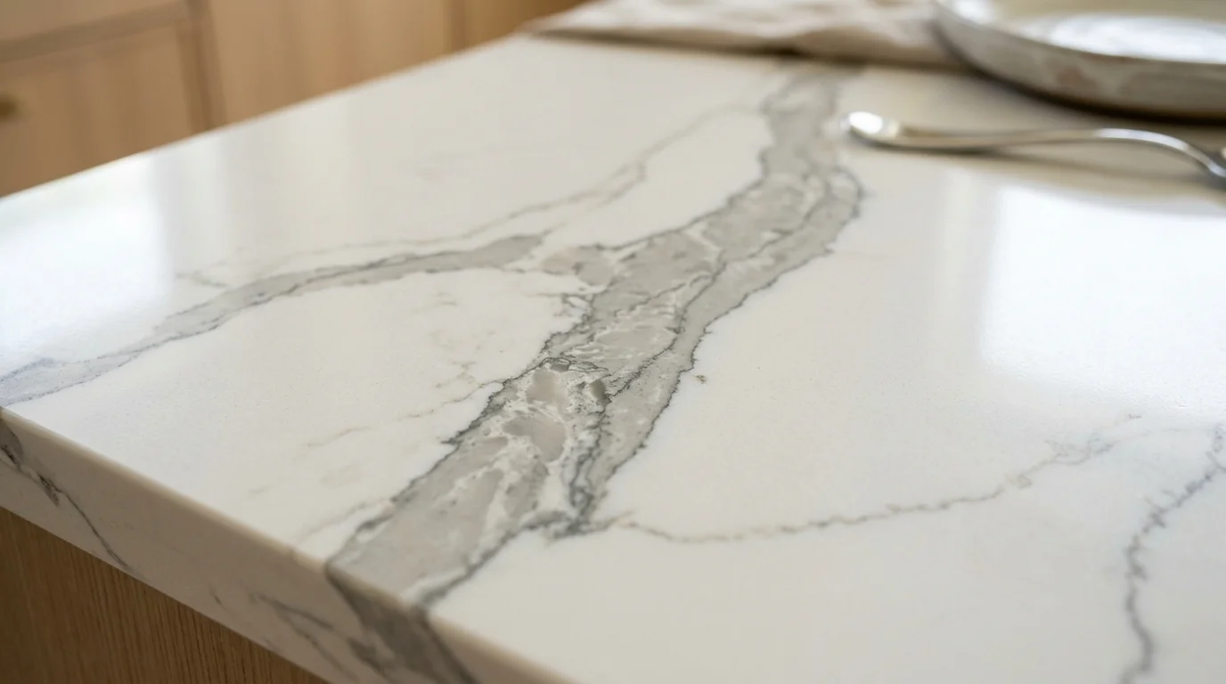 Close-up of calacatta quartz slab showing bold gold veining and crisp white background on a Palm Beach County kitchen countertop