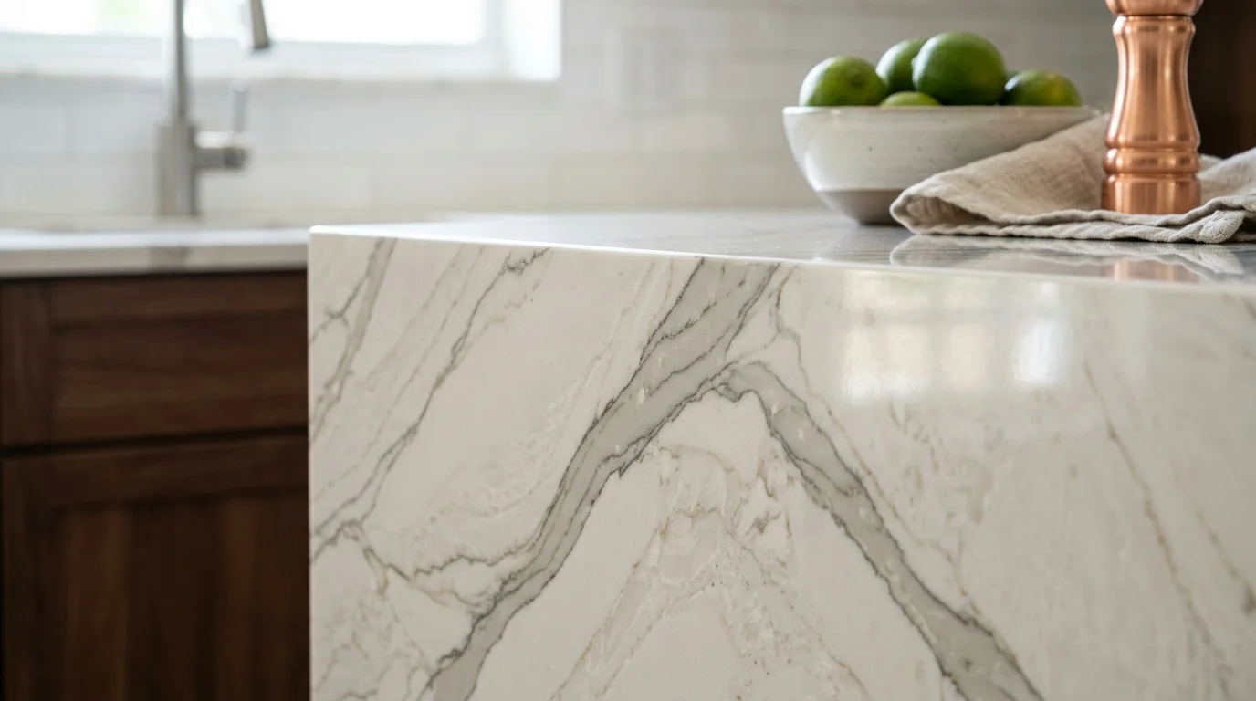 Close-up of Cambria Brittanicca quartz countertop surface showing veining detail and polished finish
