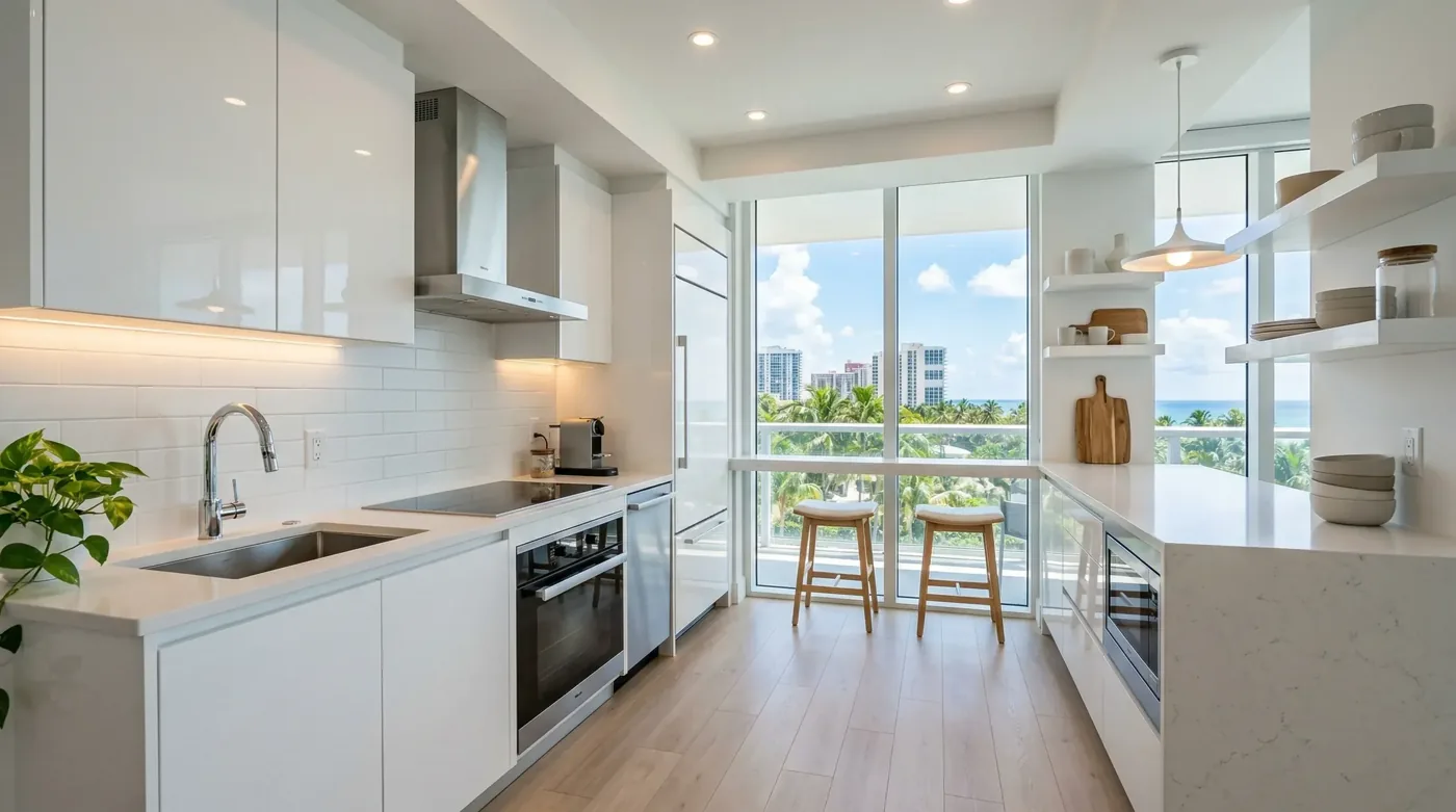 Modern white condo kitchen with a balcony view after renovation