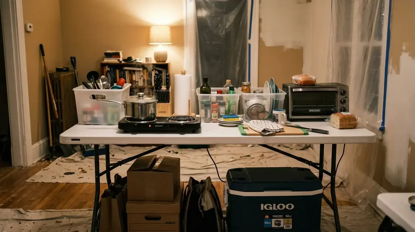 Temporary kitchen set up on a folding table with a cooler and countertop oven during a remodel