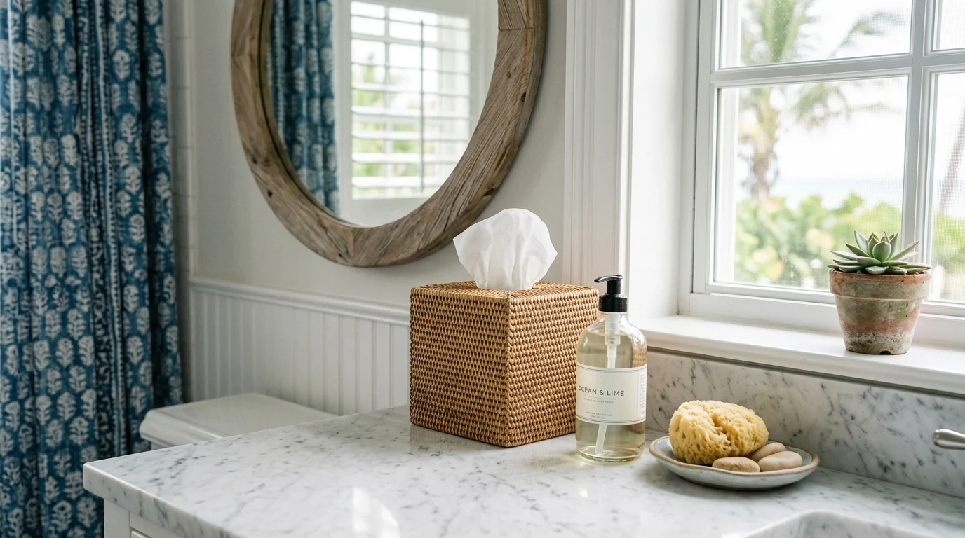 Close-up of driftwood vanity with vessel sink and seashell accessories in coastal bathroom design