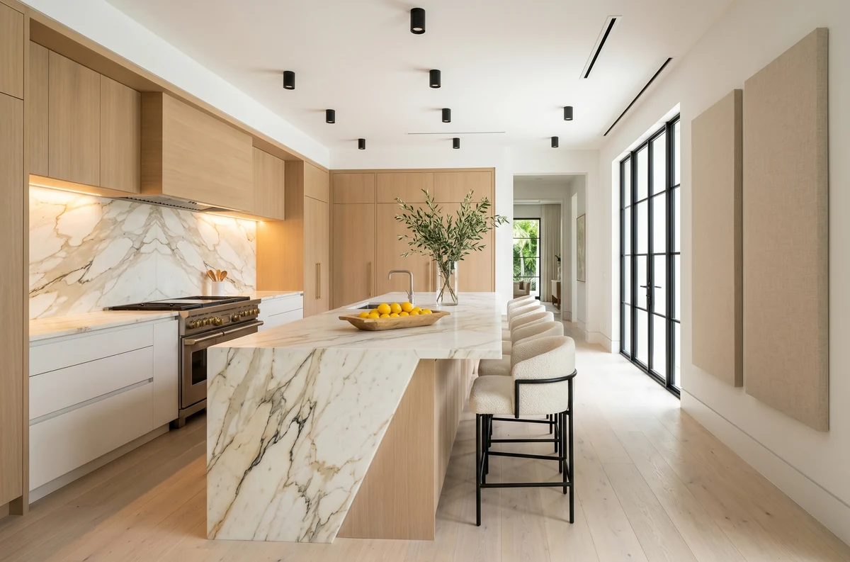 Close-up of coastal kitchen details showing weathered wood cabinet hardware and sea glass tile backsplash with natural lighting