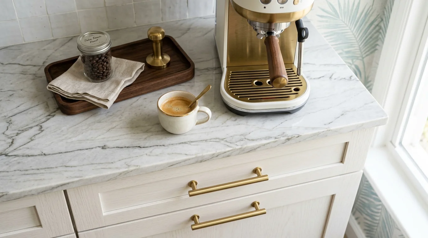 Close-up of coffee bar cabinetry showing pull-out drawers for coffee supplies and built-in appliance storage