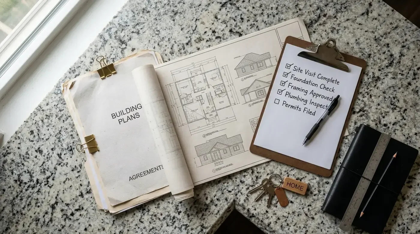 Building plans and an HOA approval form on a granite countertop